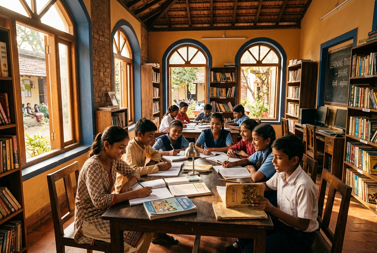 Students studying together in a Bihar community library
